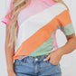 Pink Color Block Patchwork Seamed Crewneck T Shirt