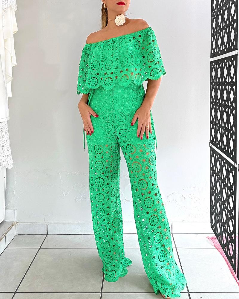 2 Piece Floral Pattern Off the Shoulder Batwing Sleeve Hollow out Top Straight Leg Pants Elegant Pants Set