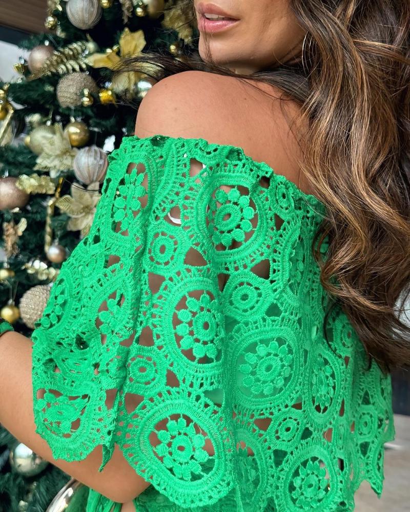 2 Piece Floral Pattern Off the Shoulder Batwing Sleeve Hollow out Top Straight Leg Pants Elegant Pants Set