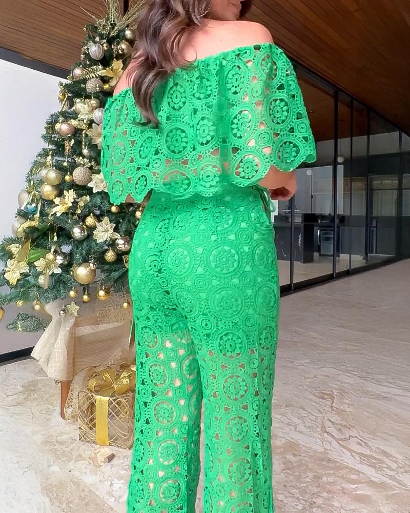 2 Piece Floral Pattern Off the Shoulder Batwing Sleeve Hollow out Top Straight Leg Pants Elegant Pants Set