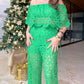 2 Piece Floral Pattern Off the Shoulder Batwing Sleeve Hollow out Top Straight Leg Pants Elegant Pants Set