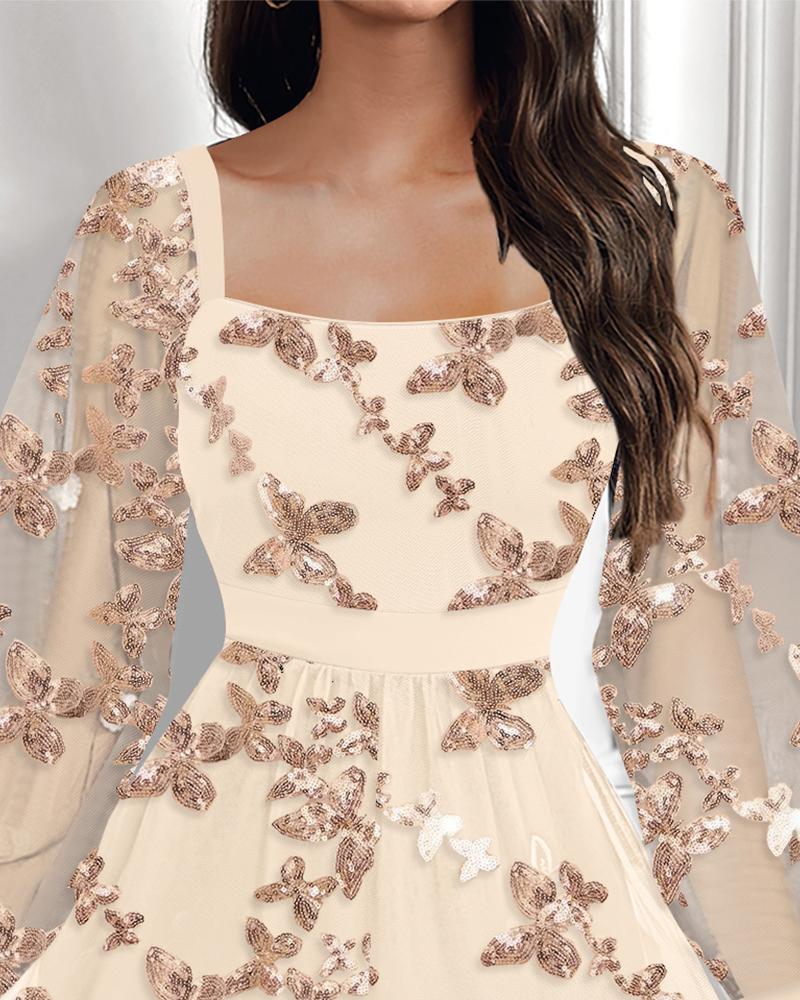 Butterfly Pattern Contrast Sequin Mesh Patch Mini Dress