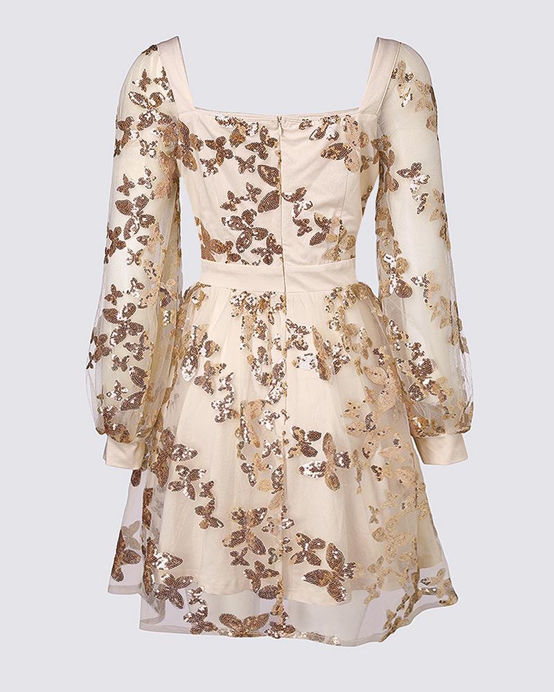 Butterfly Pattern Contrast Sequin Mesh Patch Mini Dress