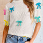 White Colorful Bow Knit Mock Neck Short Sleeve Sweater