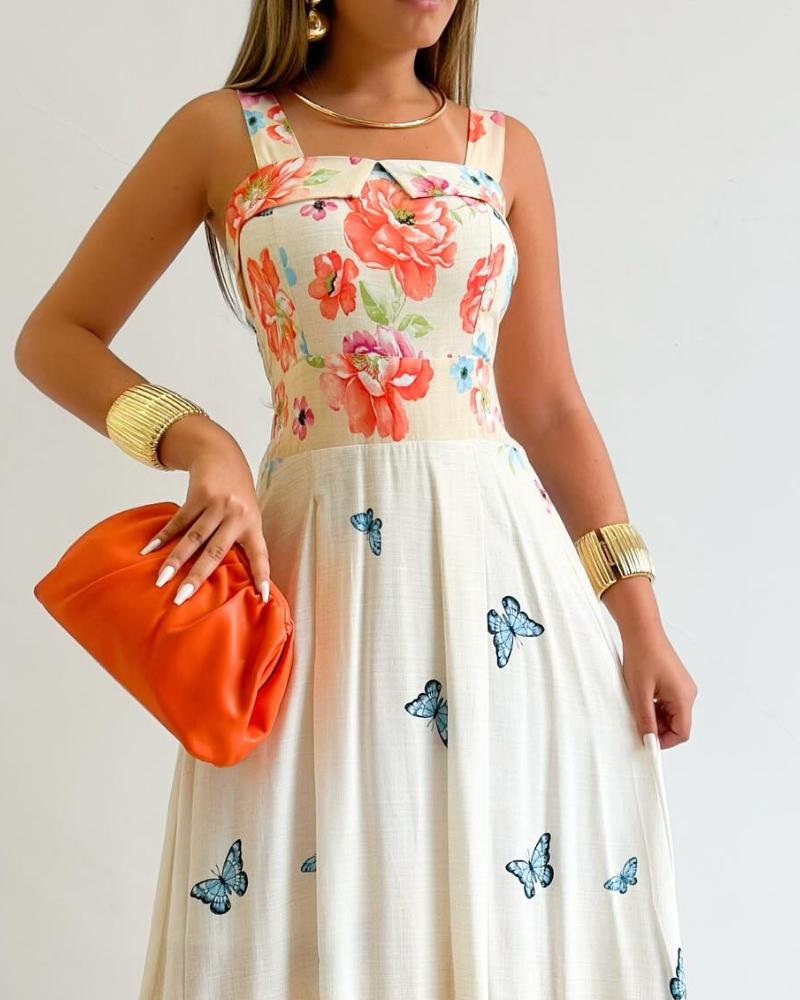 Floral Print Spaghetti Strap Square Neck Shirred Maxi Dress Casual Flowy A Line Vacation Dress