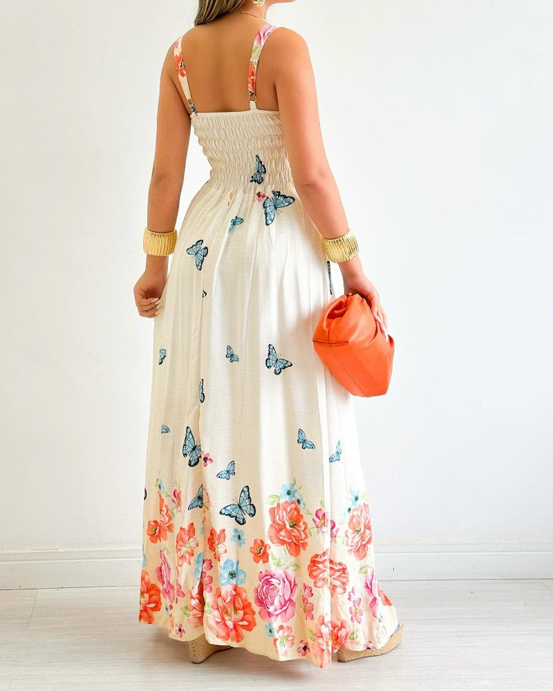 Floral Print Spaghetti Strap Square Neck Shirred Maxi Dress Casual Flowy A Line Vacation Dress