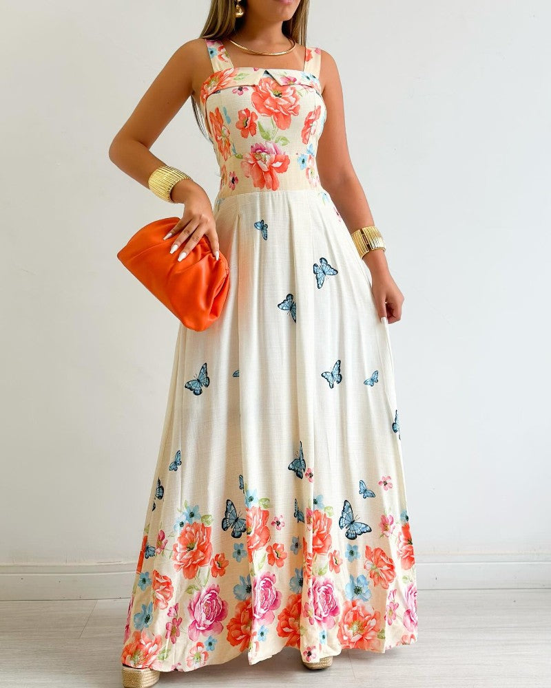 Floral Print Spaghetti Strap Square Neck Shirred Maxi Dress Casual Flowy A Line Vacation Dress