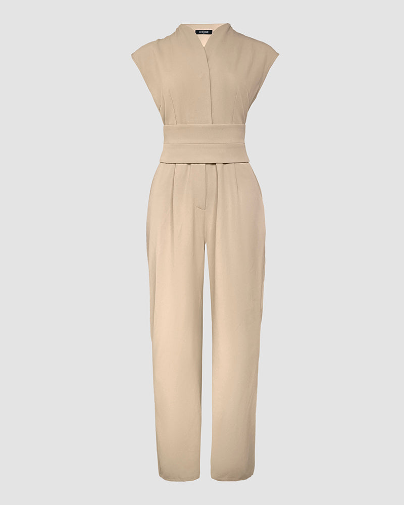 Sleeveless Wide Leg Jumpsuit High Waist Belted Elegant One Piece Outfit