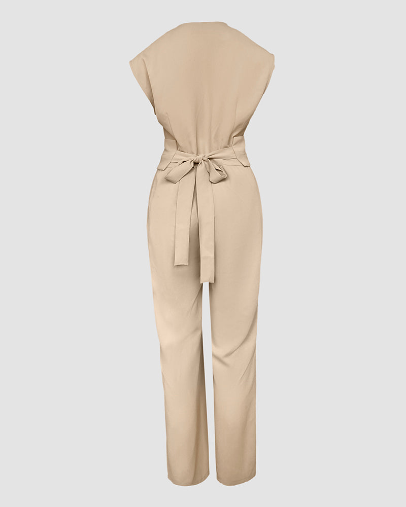 Sleeveless Wide Leg Jumpsuit High Waist Belted Elegant One Piece Outfit