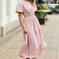 Pink Puff Sleeve Pleated High Waist Flowy Long Dress