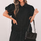 Black Shirt Style Button Down Puff Sleeve Ruffle Hem Dress