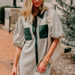 Green Patch Pockets Button Down Short Puff Sleeve Dress