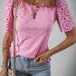 Pink Eyelet Embroidery Scalloped Sleeve Round Neck T Shirt