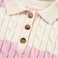Pink Stripe Cable Knit Collared Henley Sweater