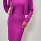 Rose Red Textured Bodycon Midi Dress with Long Sleeve Buttoned Top