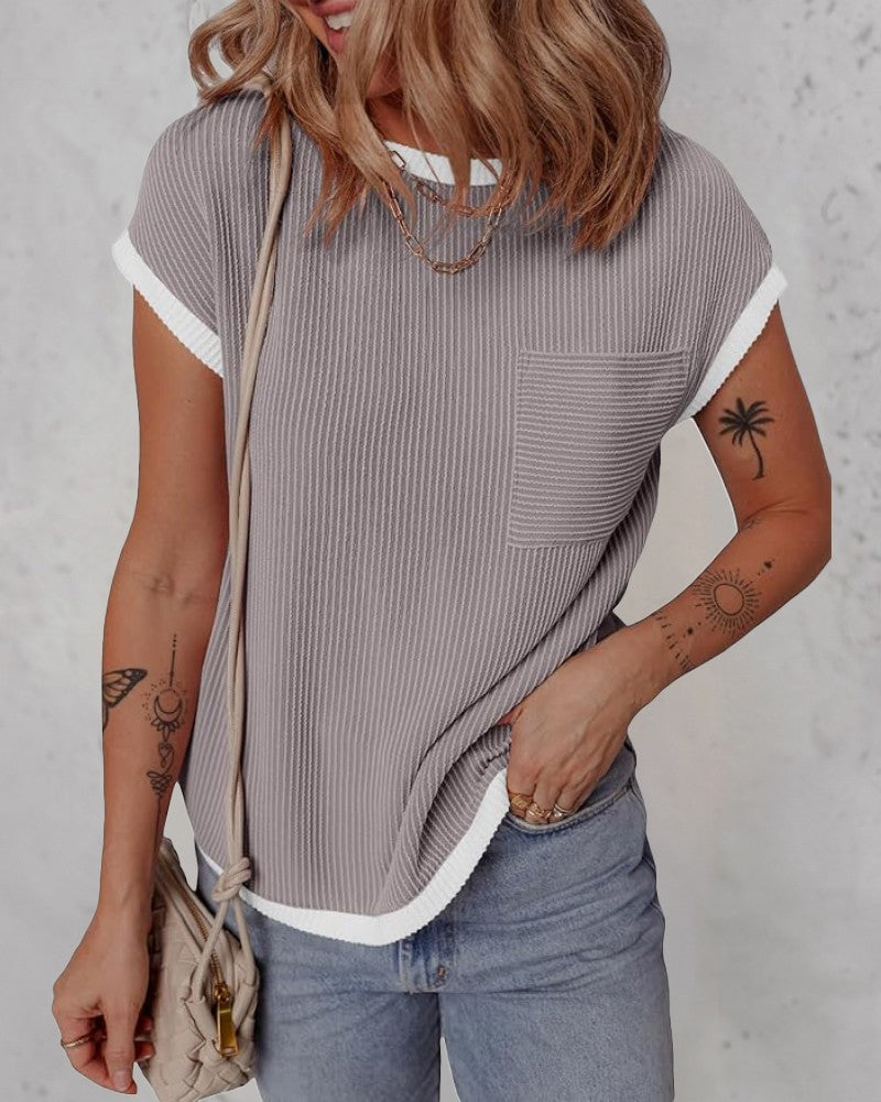 Colorblock Round Neck Short Sleeve Ribbed T Shirt Casual Loose Fit Kni Top