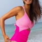 Rose Red Ric Rac Trim Contrasted Patchwork Cutout One Piece Swimsuit