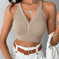 Seamless Buttoned V Neck Sleeveless Rib Knit Crop Top