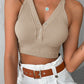 Seamless Buttoned V Neck Sleeveless Rib Knit Crop Top