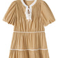 Pale Khaki Contrast Trim Pintuck Puff Sleeve Tied Neck Short Dress