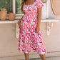 Pink Brush Stroke Printed Smocked Ruffle Tiered Dress