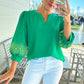 Green Contrast Floral Embroidered 3/4 Sleeve Notched V Neck Elegant Blouse