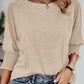 Round Neck Three Quarters Shirred Lantern Sleeve Softy T Shirt Casual Tee