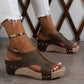 Chestnut Suede Patched Studded Cut Out Wedge Sandals