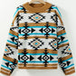 Brown Aztec Striped Knit Ribbed Trim Sweater