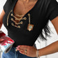 Chain Decor Lace Up V Neck Short Sleeve T Shirt Casual Rhinestone Patch Slim Fit Top