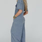 Beau Blue Half Placket Chest Pockets Short Sleeve Wide Leg Jumpsuit