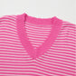 Pink Striped Scallop V Neck Loose Sweater with Slits