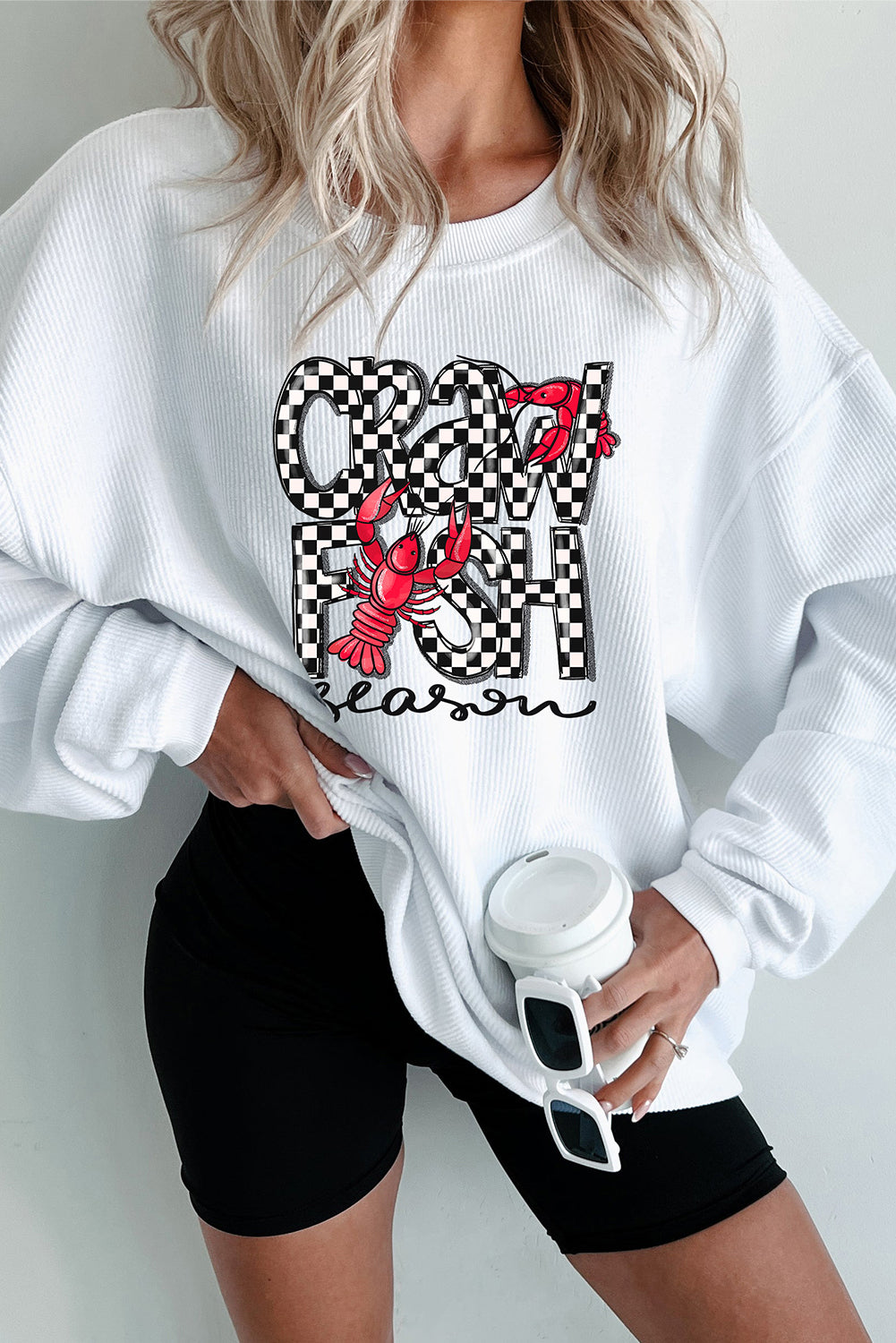 White Crawfish Season Checkered Letter Graphic Corded Sweatshirt
