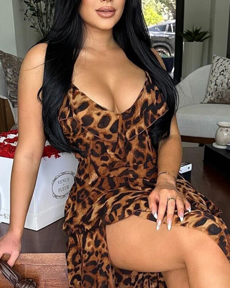 Leopard Print V Neck Spaghetti Strap Maxi Dress Sexy High Slit A Line  Flowy Dress
