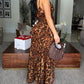 Leopard Print V Neck Spaghetti Strap Maxi Dress Sexy High Slit A Line  Flowy Dress