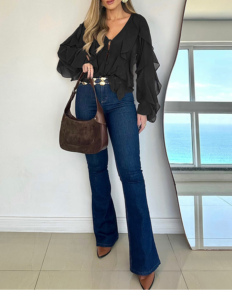 V Neck Shoulder Asymmetrical Ruffles Blouse Casual Button Front Long Sleeve Top