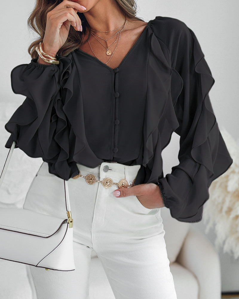 V Neck Shoulder Asymmetrical Ruffles Blouse Casual Button Front Long Sleeve Top