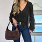 V Neck Shoulder Asymmetrical Ruffles Blouse Casual Button Front Long Sleeve Top