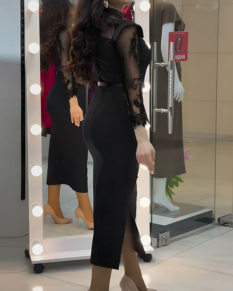 High Neck Long Sleeve Lace Pattern Mesh Patchwork Chic Zipper Mid Calf Dress