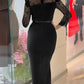 High Neck Long Sleeve Lace Pattern Mesh Patchwork Chic Zipper Mid Calf Dress