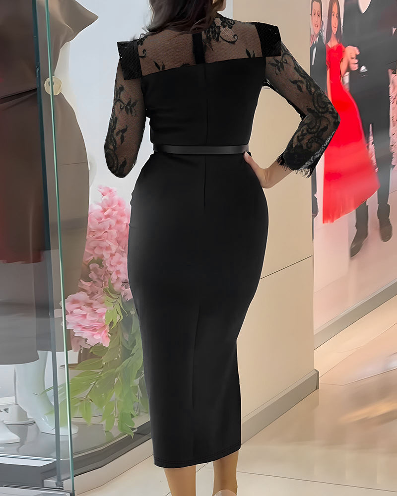 High Neck Long Sleeve Lace Pattern Mesh Patchwork Chic Zipper Mid Calf Dress