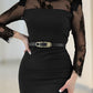 High Neck Long Sleeve Lace Pattern Mesh Patchwork Chic Zipper Mid Calf Dress