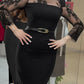 High Neck Long Sleeve Lace Pattern Mesh Patchwork Chic Zipper Mid Calf Dress