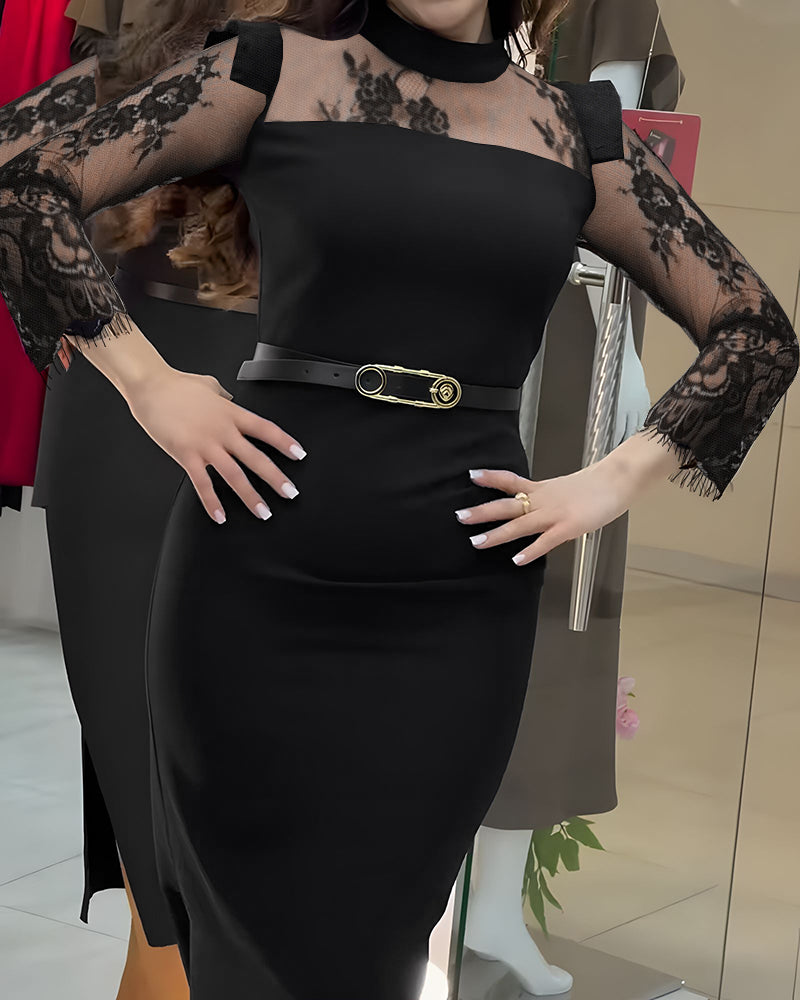 High Neck Long Sleeve Lace Pattern Mesh Patchwork Chic Zipper Mid Calf Dress