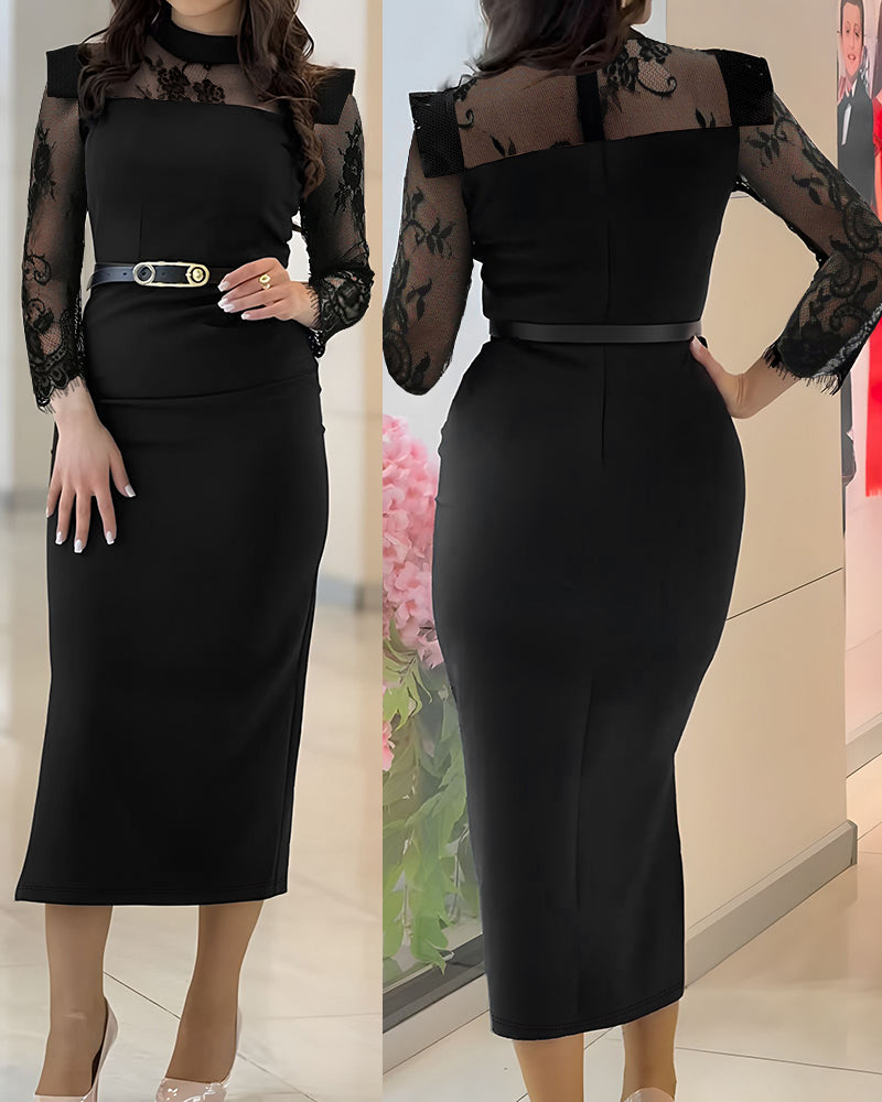 High Neck Long Sleeve Lace Pattern Mesh Patchwork Chic Zipper Mid Calf Dress