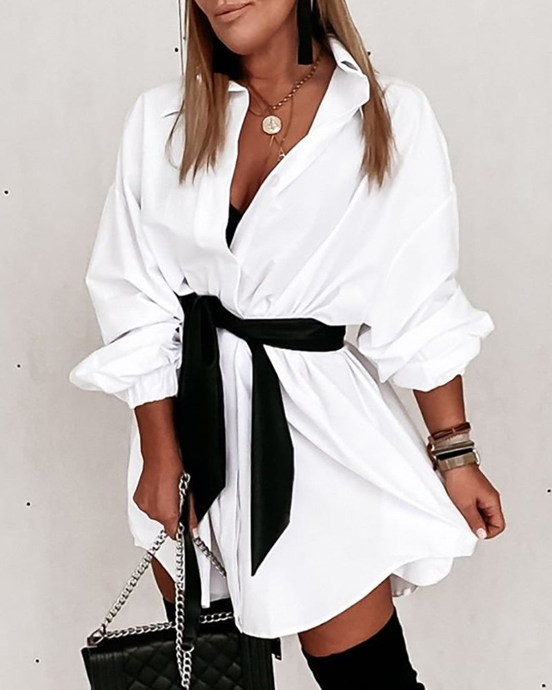 Bronzing Chevron Print Tied Detail Shirt Dress