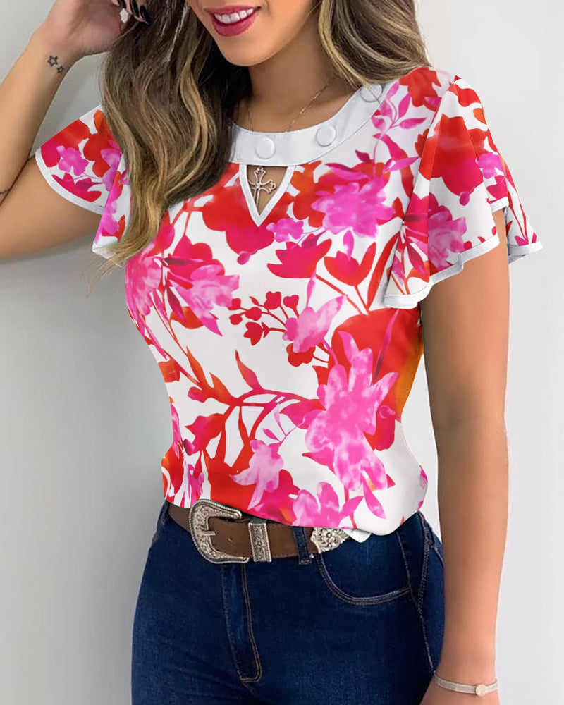 Floral Print Short Sleeve Blouse Ruffles Casual Top