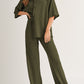 Four Leaf Clover Solid Color Textured Buttoned Shirt and Casual Pants Set