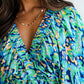 Green Abstract Print Puff Sleeve V Neck High Waist Romper