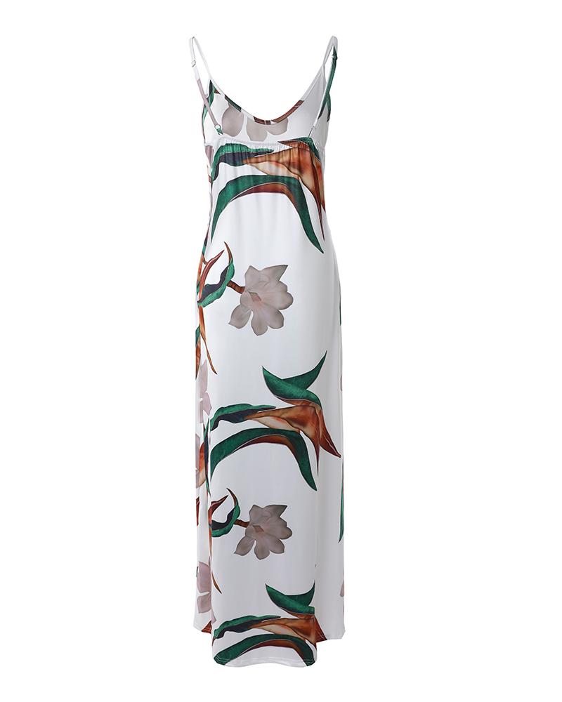 Plants Print Spaghetti Strap Maxi Dress